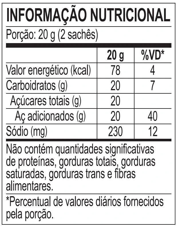 Tabela de informação nutricional do Hidramulti — porção 20g (2 sachês)